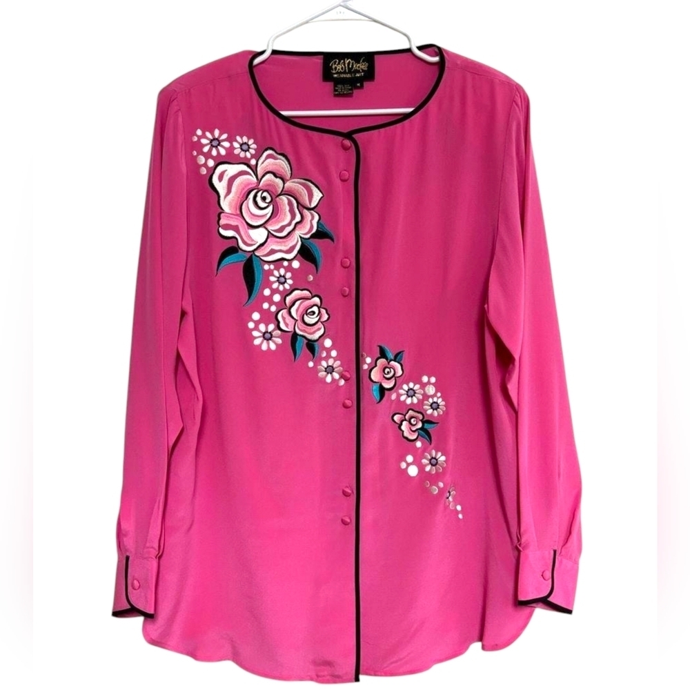 Bob Mackie Wearable Art Shirt Top Blouse Silk Pink Floral Embroidered Artsy Sz L